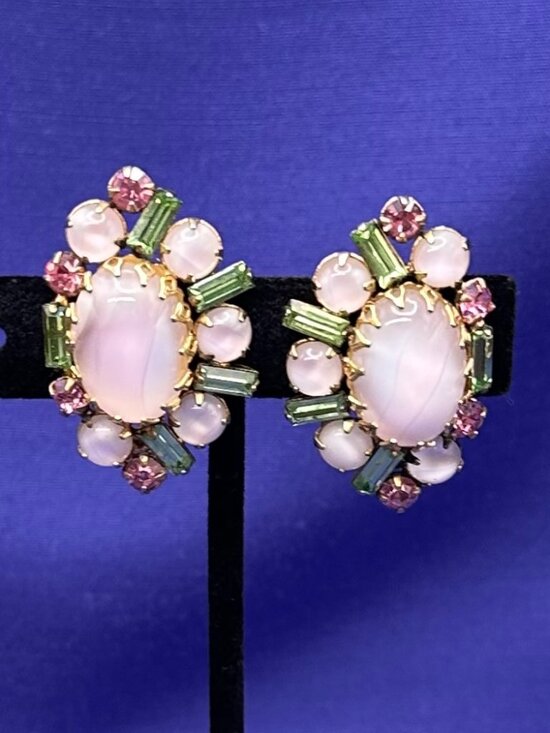 Hattie Carnegie Jewelry - Hattie Carnegie Mid-Century Faux Moonstone Crystal Earrings